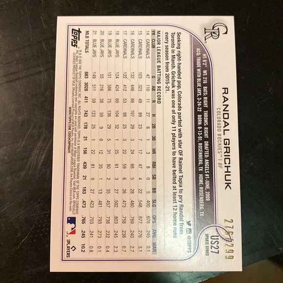 2022 Topps update orange foil Randal Grichuk 276 out of 299 - Picture 2 of 2